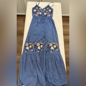 Forever 21 Blue Embroidered Tiered Maxi Skirt